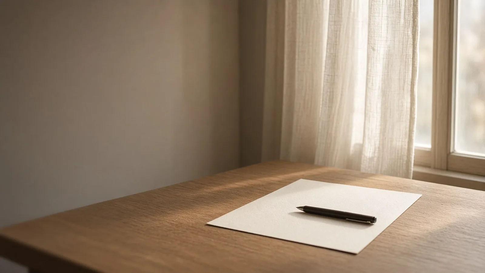A quiet desk in morning light, with blank paper, a pen, and a sprig of olive.